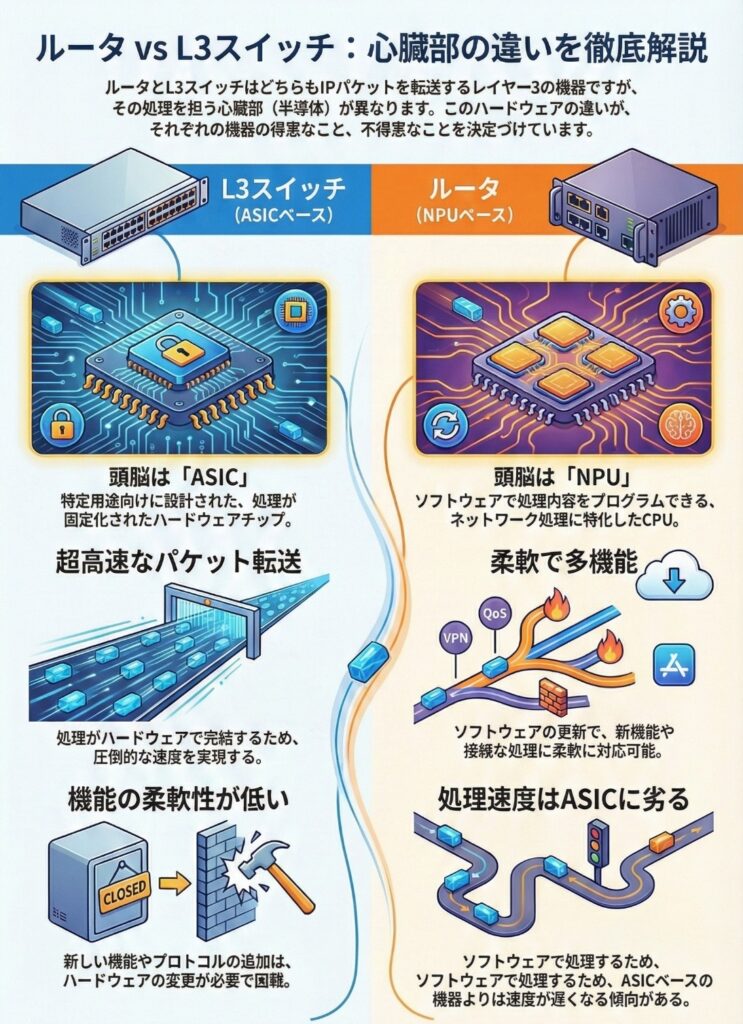 L3 スイッチの ASIC による高速処理と、ルータの NPU による柔軟なソフトウェア処理の違いを示した図