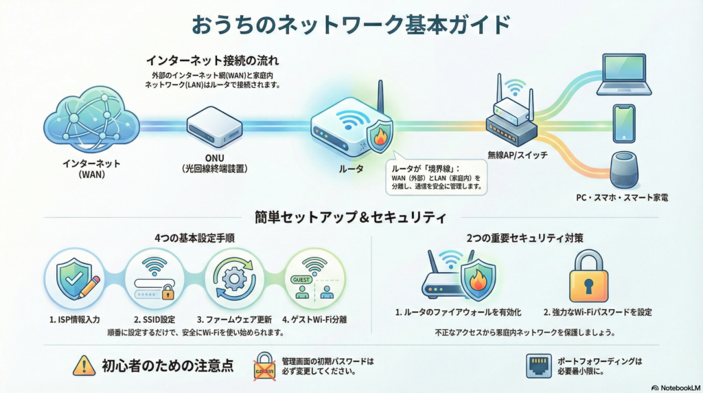 図解：家庭内LAN構成（ONU→ルータ→Wi‑Fi）