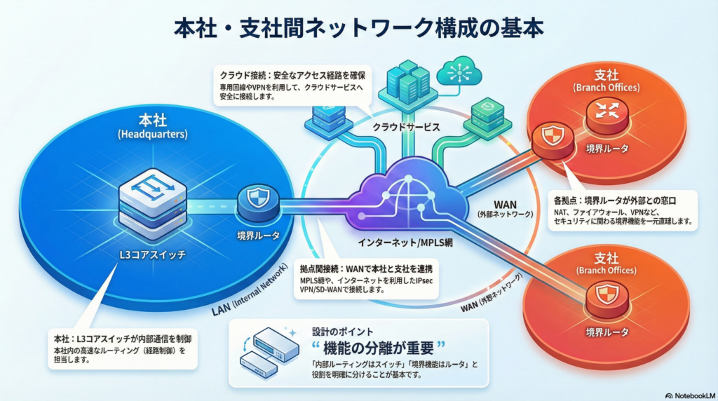 図解：企業向けLAN/WAN構成例（L3コア＋拠点）