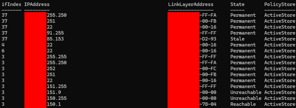 Get‑NetNeighbor の出力例を視覚化した図。IPとMAC、State列（Reachable／Stale／Incomplete）などの見方を示す。